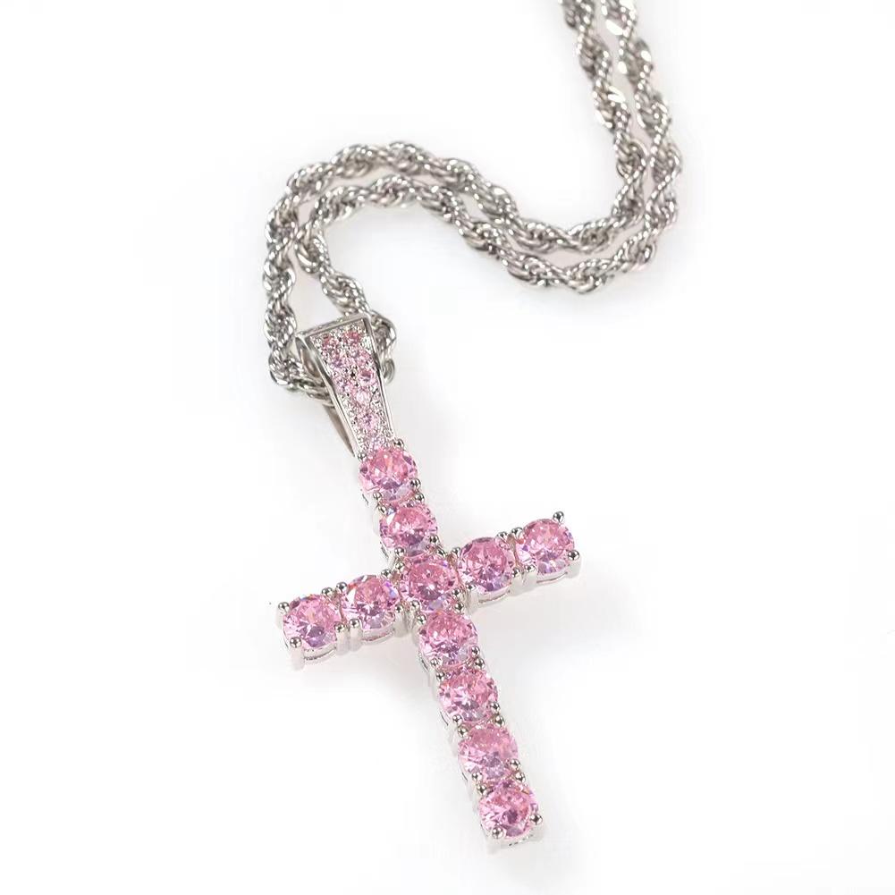 Collier Croix Zircon Rose