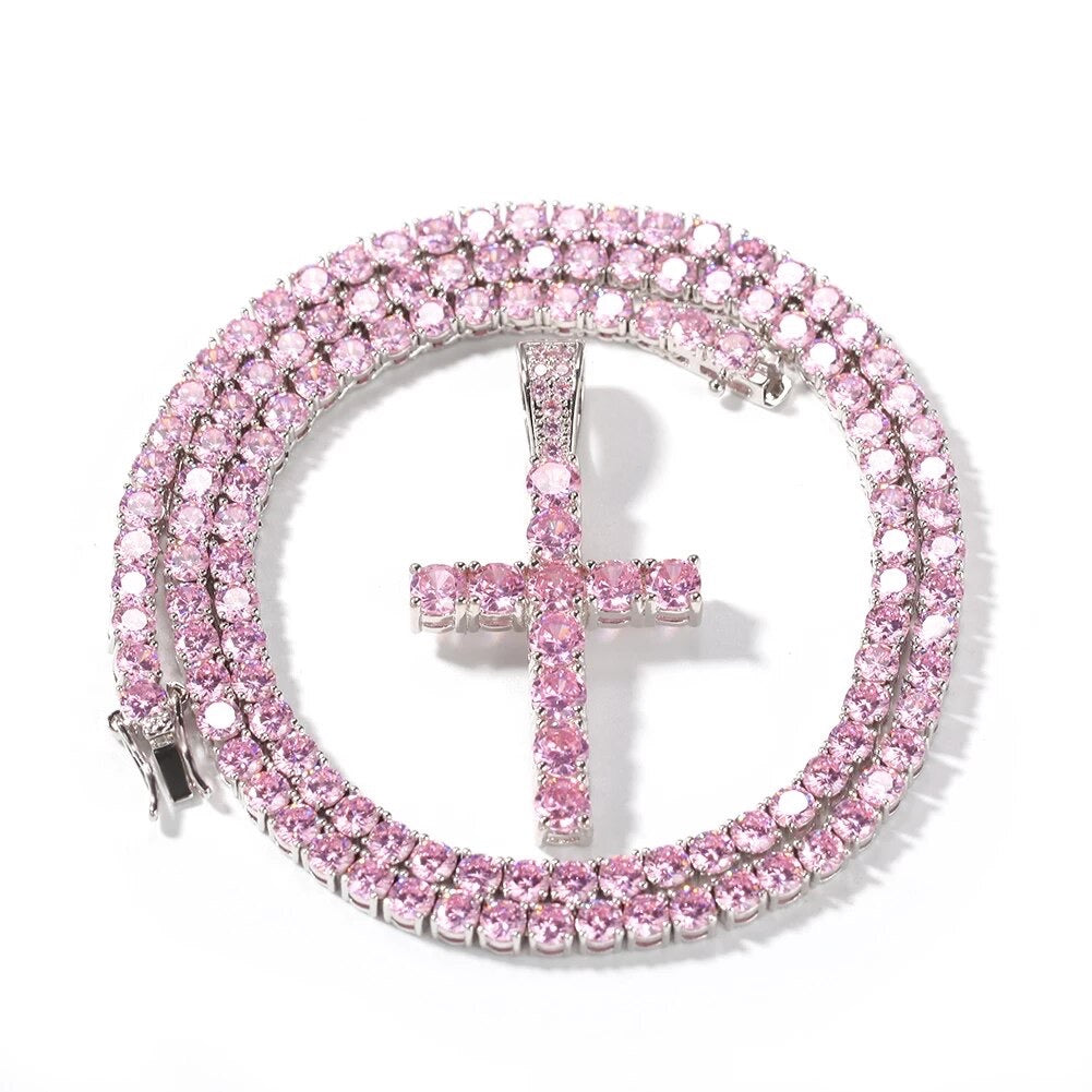 Collier Croix Zircon Rose