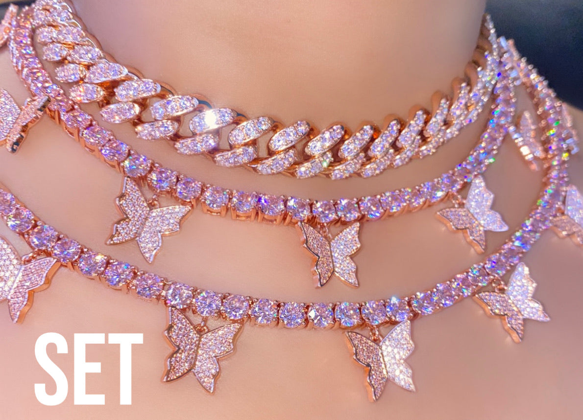 Tour de cou papillon plaqué or 18 carats 5 mm tour de cou chaîne cubaine Lot de 3