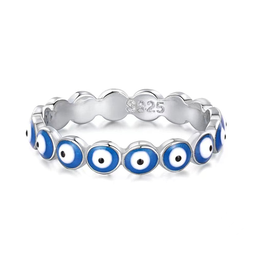 Evil Eye Row Sterling Silver Ring Band