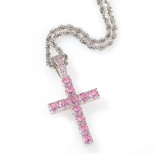 Collier Croix Zircon Rose