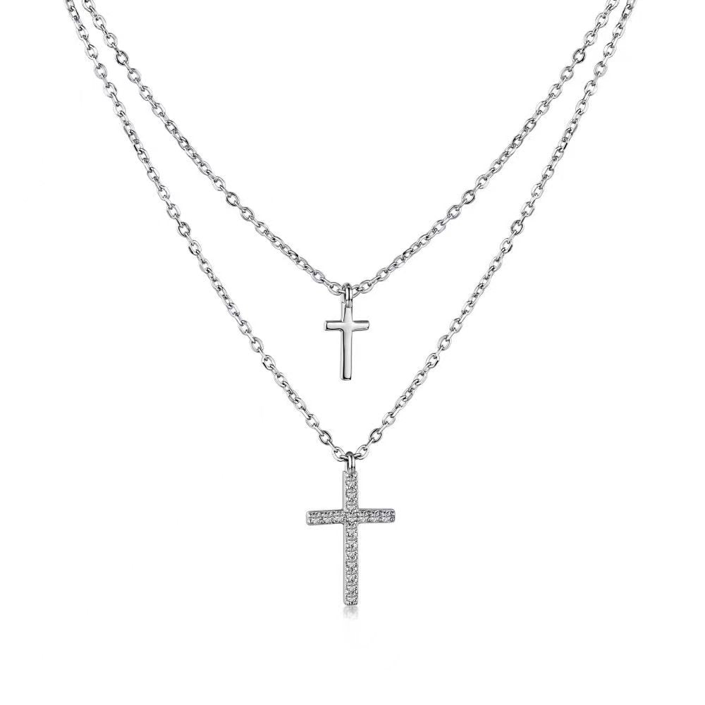 Double Chain Cross Sterling Silver Necklace