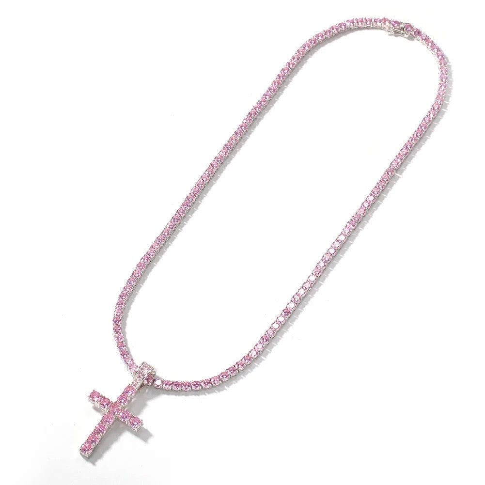 Collier Croix Zircon Rose