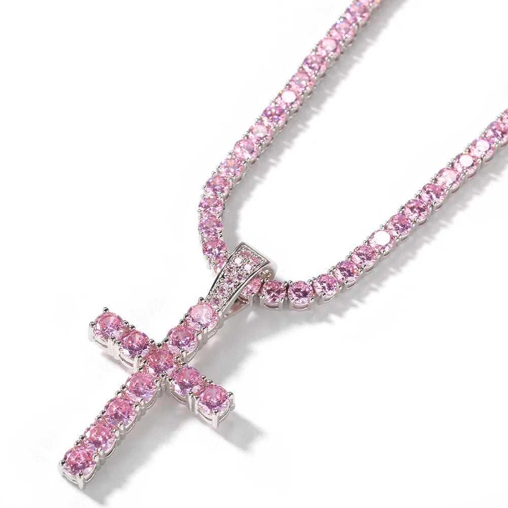 Collier Croix Zircon Rose