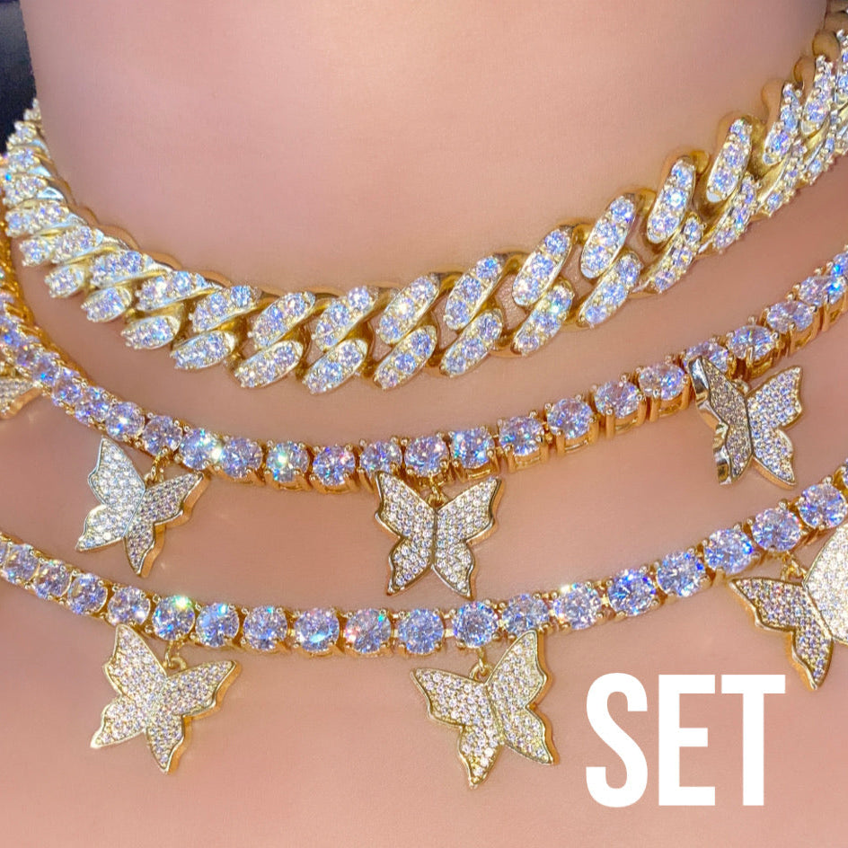 Tour de cou papillon plaqué or 18 carats 5 mm tour de cou chaîne cubaine Lot de 3