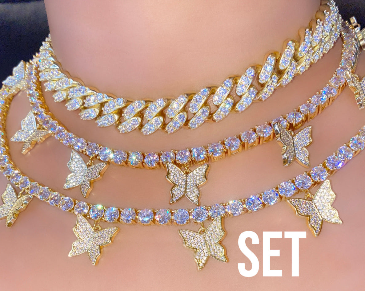 Tour de cou papillon plaqué or 18 carats 5 mm tour de cou chaîne cubaine Lot de 3